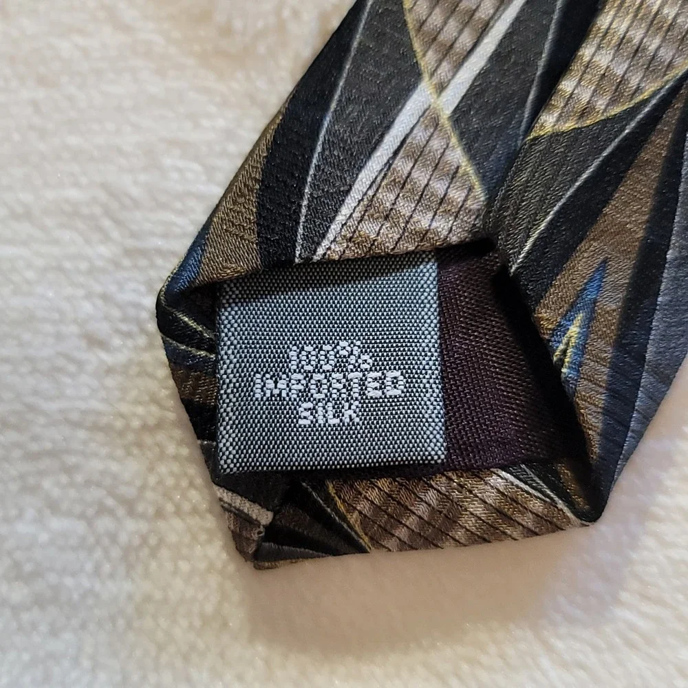 Palatina Silk Necktie Mens OS Brown Grey Blue Geometric Diamond Made in USA